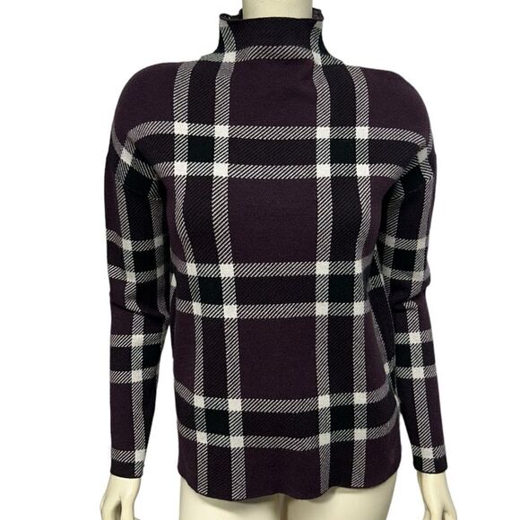 Max Studio Burgundy Turtleneck Sweater Fall Winter Purple Windowpane Plaid Cute - Picture 4 of 7